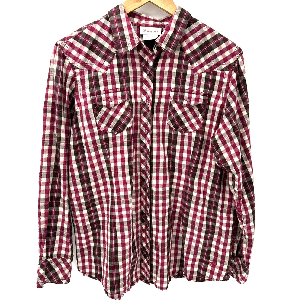 Ariat Shirt Womens XL Pink Plaid Metallic Western Pearl Snap Classic Long Sleeve